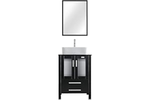 eclife 24" Modern Bathroom Vanity Sink Combo Black Stand Cabinet White Rectangle Ceramic Vessel Sink & Chrome Water Save Faucet & Solid Brass Pop Up Drain with Mirror (T03 B02)