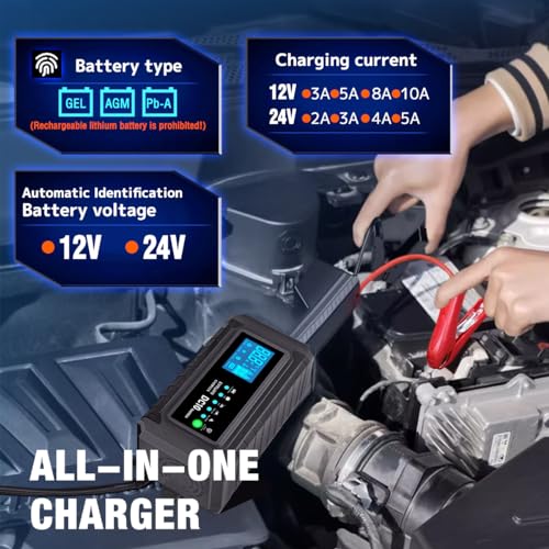 Intelligent Battery Charger 10A 12V/24V for Car and Motorcycle – Automatic LCD Charger, Winter/Summer Mode, Multiple Protection and Repair Function, for AGM, EFB, Gel Lead-Acid Batteries