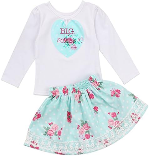 2pcs Baby Girl Sister Dress Set Big &Little Sister Long Sleeve Tops Floral Lace Skirts (2-3 T, Big Sister)