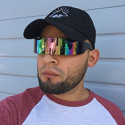 Black Retro Futuristic Single Shield Color Oversized Wrap Cyclops/Visor Sunglasses (Smoke, Purple Mirror) - Thumbnail 2