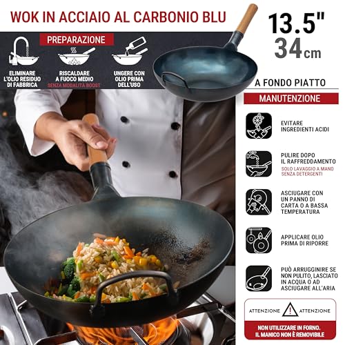 YOSUKATA Professional Wok Pan 34 cm – Traditional Wok Carbon Steel Blue Pre-Conditioned Flat Bottom – Original Chinese Frying Pan – Suitable for Electric Induction Gas and Open Fire