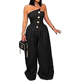 BOKITECAO Womens Cargo Jumpsuit Sexy Strapless One Piece Outfit Off Shoulder Top Ruched Wide Leg Rompers Overalls