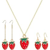 XUN Zhe Strawberry Necklace Earrings Set for Women Cute Enamel Fruit Strawberry Pendant Necklace Strawberry Charms Dangle Earrings Jewelry Dress Accessories