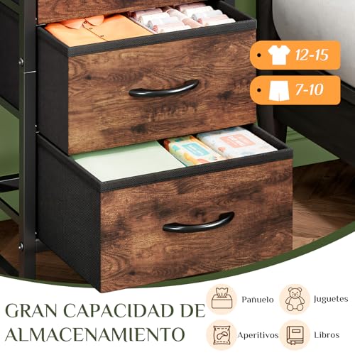 Cómoda Cajonera para Recámara con 4 Cajones de Tela, Parte Superior Impermeable, Estructura Metálica Resistente, Mueble Organizador de Almacenamiento para Dormitorio, Sala o Pasillo(Marrón Rústico)