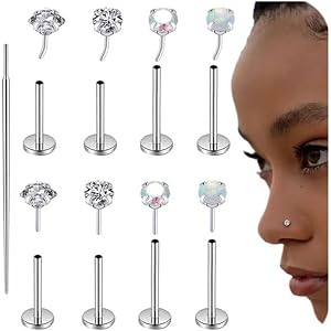 lengyuning Threadless Flat Back Nose Rings Studs for Women Hypoallergenic | 316L Surgical Steel, 3mm Zircon and Opal, 16G 18G