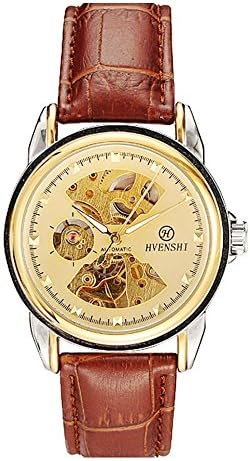 HVENSHI Men's Gold Skeleton Self-Winding Auto Mechanical Leather Wrist Watch YSW022G, Brown / Gold
