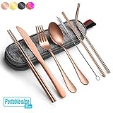 Rose gold Travel flatware set with Case Stainless Steel silverware Tableware Set,Include Knife/Fork/Spoon/Straw (Portable Rose gold)