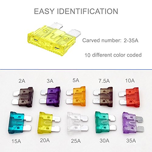 Car Fuses 100pcs Assorted Standard Blade Fuse Set 2A 3A 5A 7.5A 10A 15A 20A 25A 30A 35A, OUHL Auto Truck Car Fuses Kit Boat SUV Automotive Replacement Fuse, Puller Included