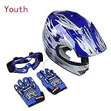 TCT-MT Youth Helmet+Goggles+Gloves Blue Flame DOT Dirt Bike ATV Helmet Motocross Medium New
