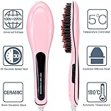 HeyBeauty Tourmaline Ceramic Hair Brush Straightener,Massage Detangling Hair Brush Instant Heating Anti Scald/Anti Static Hair Straightener,LED Display,Silky Straight Styling Iron,Pink