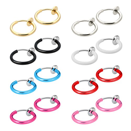 8 Pairs Value Pack Color Set Fake Clip On Earrings, Non Piercing Hoop Earrings, Fake Body Jewelry, Hypoallergenic (#M03. Shiny Color Set 1)