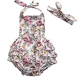 Baby Girl Vivid Floral Lace Dress Backless Halter Ruffled Romper Outfits with Headband (12-18 M, White+Flower)