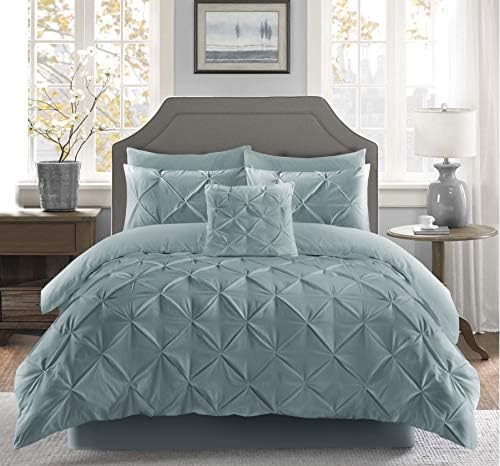 Fixtex Pinch Pleat Pintuck Duvet Cover Set with Fitted Sheet & Pillow Cases Includes Complementary Cushion Cover – Set of 5 (Duck Egg, King)