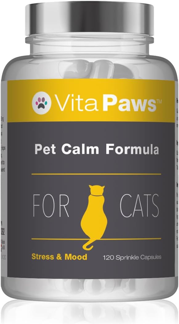 Pet Calm Formula for Cats by VitaPaws™ | 120 Sprinkle Capsules | Supports Relaxation in Cats | 100% Money Back Guarantee | Manufactured in The UK