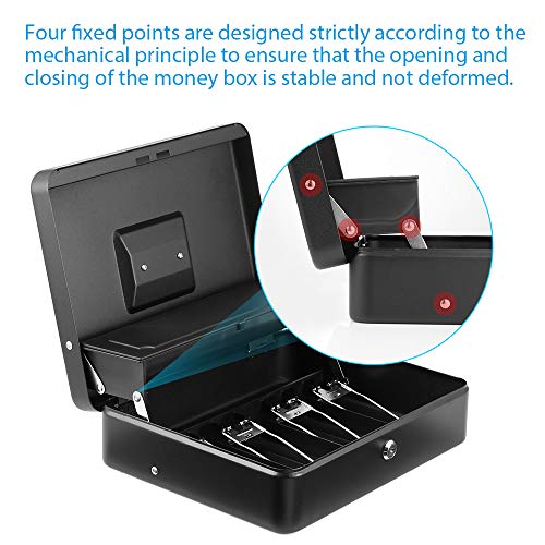 INFUN Cash Box with Money Tray and Lock, Durable Large Steel Money Boxes for Adults, Black Petty Cash Box (Cash Box with Coin lid)