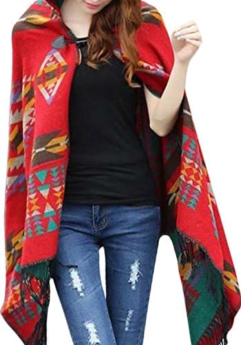 MASKAZU Women's Boho Tribal Tassel Geometric Print Cape Scarf red