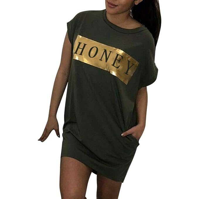 Yebutt Kurzes Sommer Kleid Damen O-Neck Kurzarm Einzigartiger Briefdruck Lose Kleid Lässiger Minirock A-Line