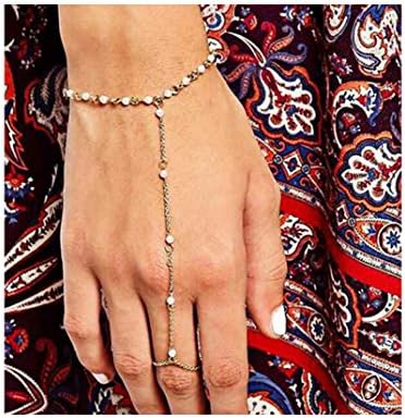 Hanloud Bohemian Gold Chain Finger Ring Bracelet Glass Beads Pearl Chain Slave Bracelet for Girl Women