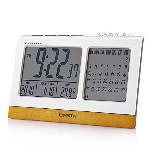 Evistr T060 Desk Digital Alarm Clock with Calendar & Temperature Display Powered by 3 AAA