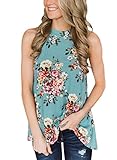 BLENCOT Women's Floral Printed Sleeveless Tank Tops High Neck Casual Back Keyhole with Button Green XL