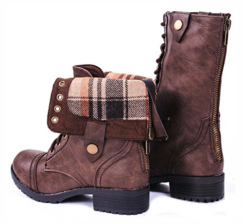 JJF Shoes H-7 Brown Military Combat Plaid Foldable Cuff Faux Leather Back Zipper Lace Up Boots-10