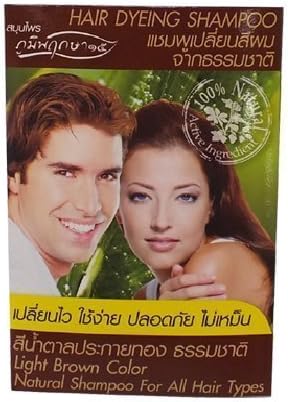 Poompuksa Natural Shampoo, Light Brown Hair Color (Grey Coverage) for Men & Women, Easy to Use, Safety 24 Ml. by Poompuksa