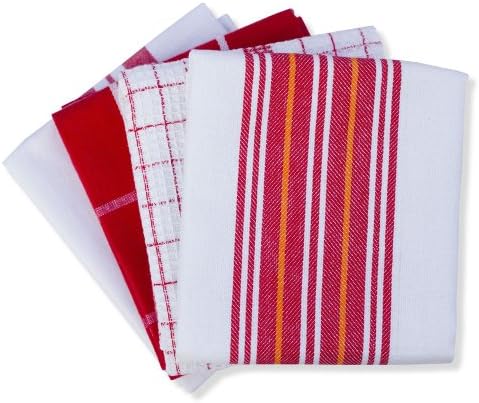 Mahogany Everyday Kitchen Towels with 4 Assorted Designs, Red, Set of 4