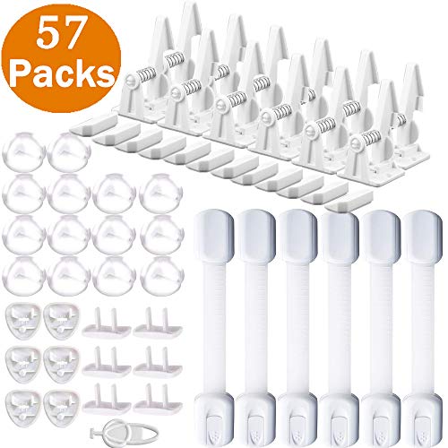 Baby Safety Kit, Baby Proofing with Cabinet Locks – 57 Packs All-in-one Super Value Child Safety Kit = 24 Cabinet Locks+Bars & 6 Stripe Cabinet Locks & 14 Large Clear Corner Guards & 13 Outlet Plug