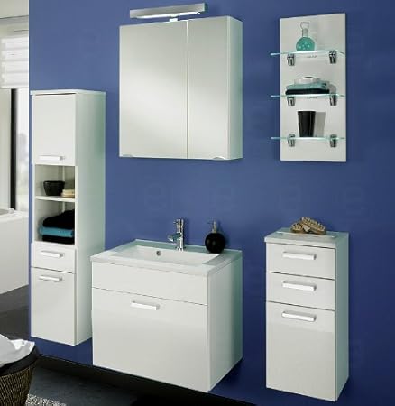 Badezimmer Möbel Set Hochglanz weiß Spiegelschrank Badezimmermöbel