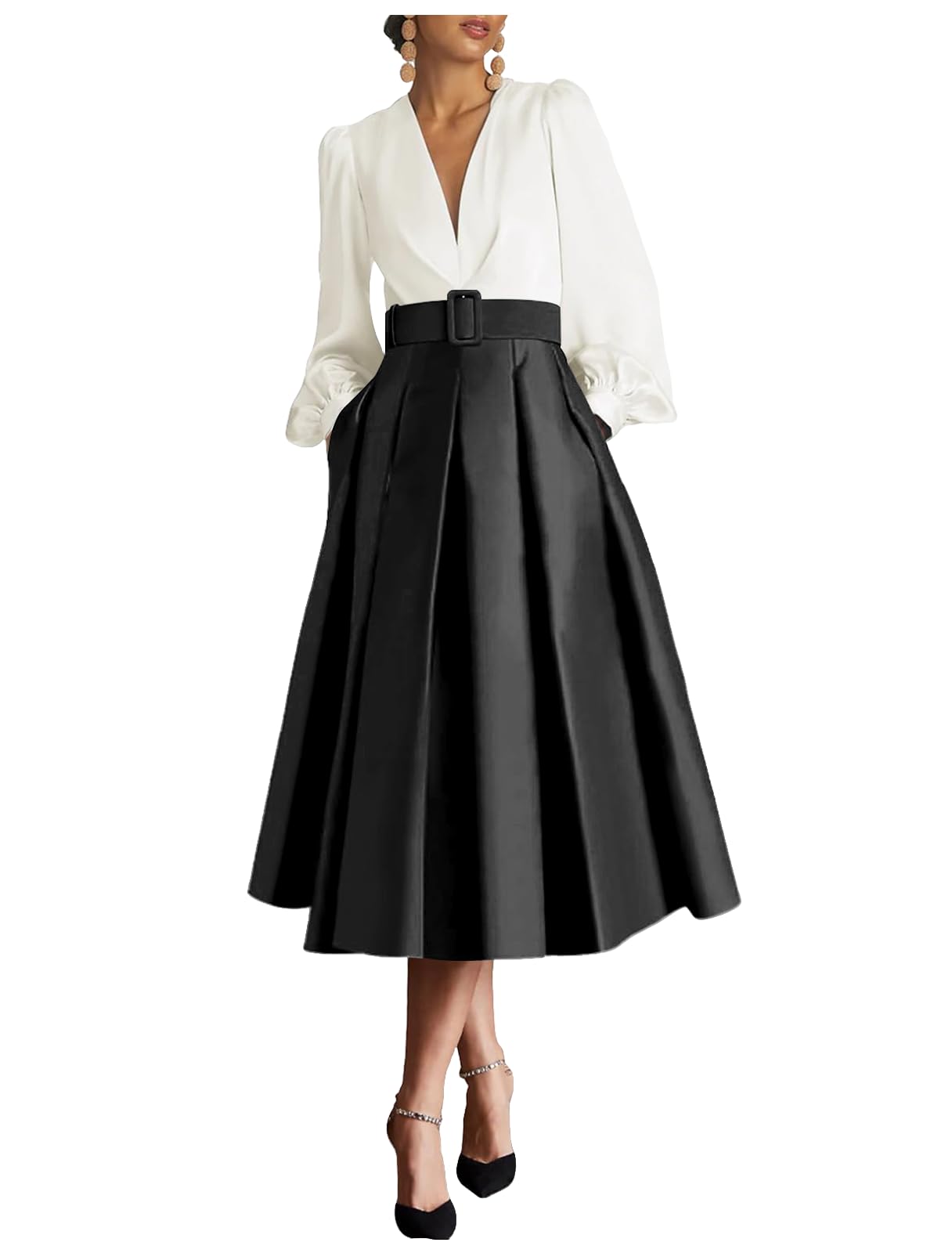 Photo 1 of White Black Tea Length Prom Dress for Women Long Sleeves Satin V Neck Elegant Formal Dress Evening Gowns Midi A Line Classy Wedding Guest Dresses with Sleeves US6