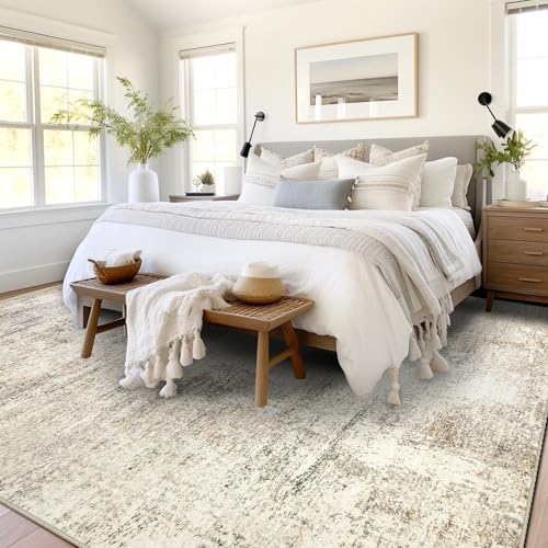 Capslpad Modern Abstract Area Rugs 8x10 Washable Rug for Living Room Non-Slip Farmhouse Rug Low Pile Soft Non-Shedding Beige Abstract Pattern Large Rugs for Bedroom Office Dining Room