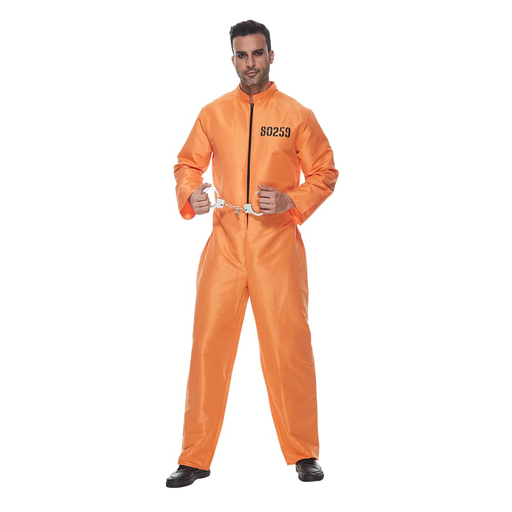 EraSpooky Men Prisoner Costume Halloween Orange Jumpsuit Adult Jailbird Escaped Inmate Suit L