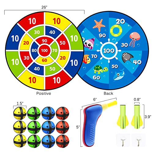 Dart Board for Kids,12 Sticky Balls,1 Toy Gun,2 Dart Bullets Set,Kids Toys Gifts for 3 4 5 6 7 8 9 10 11 12 Year Old Boys and Girls Safe Indoor Outdoor Outside Party Sports Games for Ages 3+ Boy Girl