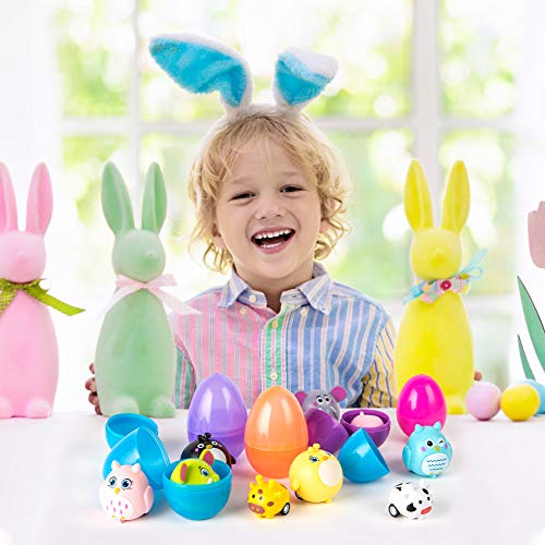 LovesTown Easter Eggs with Toys Inside, 12 Pcs Easter Stuffed Eggs and 12 Pcs Animal Pullback Toy Cars Surprise Eggs Easter Theme Party Favor for Easter Eggs Hunt Game