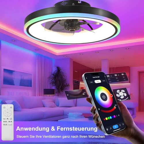 TYJY RGB Modern Silent Ceiling Fan with Light, 60 W Dimmable LED (3000 K-6500 K) RGB Ceiling Fans with Remote Control APP, Timer, 6 Speed, for Living Room, Bedroom, Black