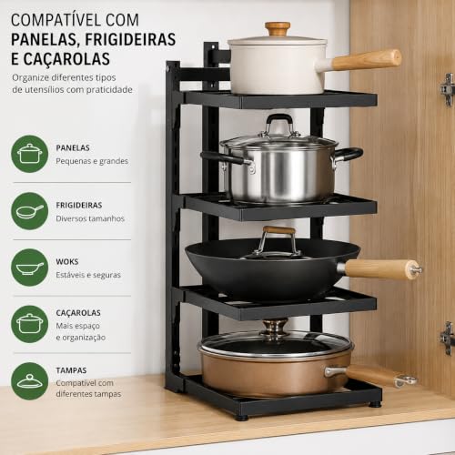 Organizador de Panelas Vertical Ajustável em Ferro – Porta Panelas para Armário de Cozinha | Suporte Modular com Ajuste de Altura para Panelas, Frigideiras e Tampas (4 camadas)