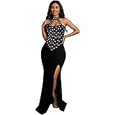 Jigfar Women Sexy Elegant Rhinestone Mesh See Through Party Club Night Split Bodycon Formal Maxi Dress