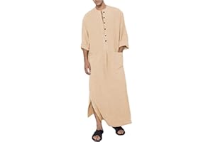 YAOHUOLE Men's Kaftan Thobe Long Sleeve Muslim Robe Button Up Side Split Kaftan Thobe with Pockets
