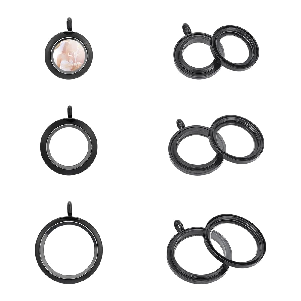 UNICRAFTALE 3pc 3 Size Memory Locket Pendants Glass Photo Charms Round Floating Lockets Black 304 Stainless Steel Pendants Picture Frame Bouquet Charms for Necklace Jewelry Making