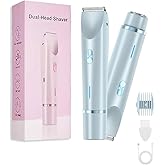Dermave Bikini Shaver - Bikini Trimmer for Women, 2 in 1 Electric Dual Head Razors, Washable, Ceramic Blades, USB Rechargeable, Hair Removal for Private Area/Facial/Pubic/Hair Body (Blue)