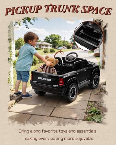 First Ride On 12v Licensed Ram 1500 Rho Kids Ride on Car, Ride on Toys w/Parent Remote Control, Electric Car for Kids with Smooth Start, Truck Bed Storage, 3 Point Safety Belt, Bluetooth(Black)