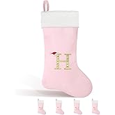 Glimin 22 Inches Christmas Stocking with Initials Monogram Christmas Stocking Velvet with White Soft Plush Cuff Embroidered for Xmas Tree Fireplace Decorations Holiday (H Letter,Pink)
