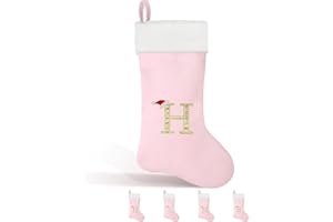 Glimin 22 Inches Christmas Stocking with Initials Monogram Christmas Stocking Velvet with White Soft Plush Cuff Embroidered for Xmas Tree Fireplace Decorations Holiday (H Letter,Pink)