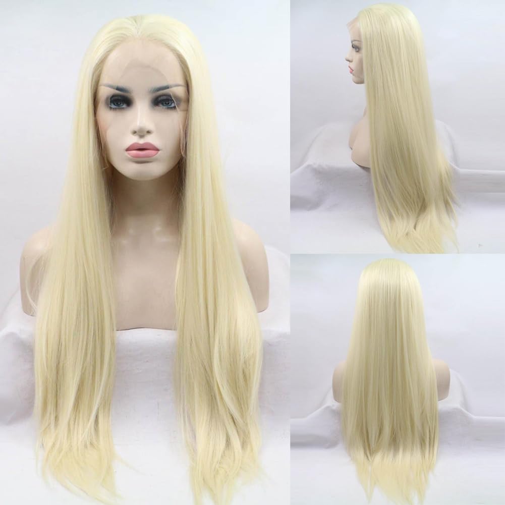 AFBeauty Blonde Lace Wig for Women Long Silky Straight #613 Blonde Lace Front WIg Heat Resistant Fiber Glueless Wigs for Daily Wear Cosplay 24inch