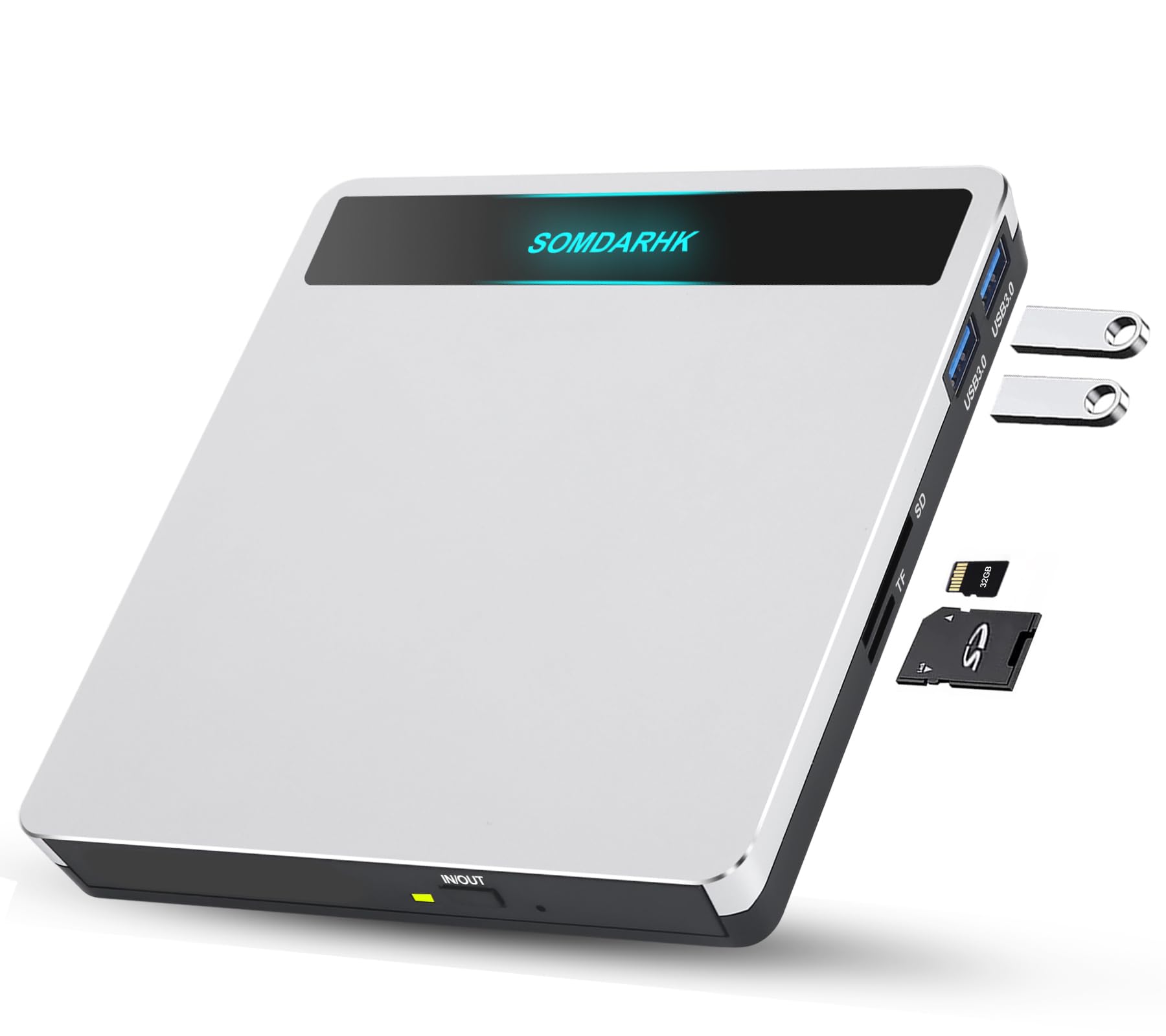 SOMDARHK External CD DVD Drive: USB 3.0 Type-C Slim DVD/CD RW ROM Burner Reader Writer with SD/TF Card Slot 2 USB Ports - Portable Optical Disk Drive for Laptop MacBook PC Windows (Silver)