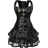 Sapubonva Corset Dress Bustier Skirt Set Leather Burlesque shoulder straps Gothic plus size