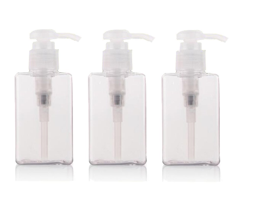 3PCS 100ML Refillable Squared Pump Bottles-Plastic Cosmetic Makeup Lotion Storage Container Bath Shower Shampoo Soap Hair-Conditioner Facial Cleanser Jar Pot (Clear)