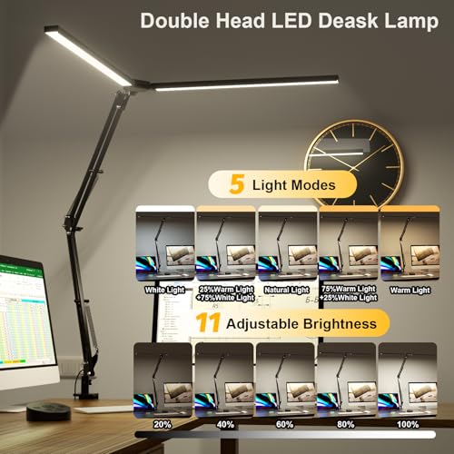 SKYLEO LED Desk Lamp, Dual Head - Remote Control, 2400 LM, 24 W, 5 Temperature Modes, Dimmable - Temp & Mem, Easy to Install - for Office, Readings - Black