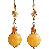 Yellow and Carnelian Agate Earrings Round Dangles Jewelry for Women Gold Plated Lever Backs in Gift Box