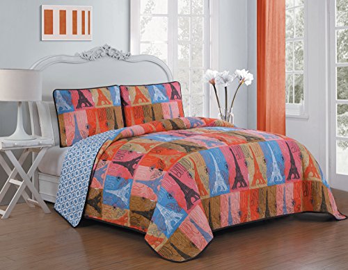 Avondale ManorCannes 3-Piece Quilt Bedding Set, Reversible Lightweight Parisian Comforter Bedspread, Hypoallergenic Microfiber Coverlet with Pillow Shams, All Season, Queen, Multicolor
